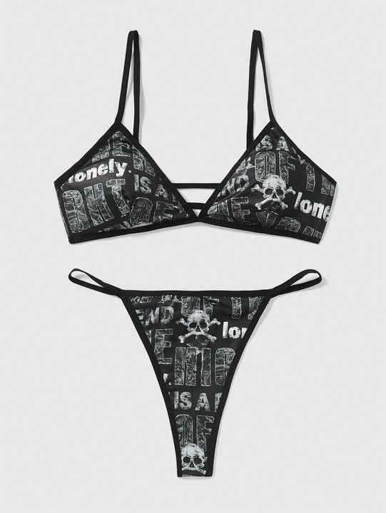 ROMWE Goth Conjunto De Sujetador Y Tanga De Mujer Con Impresion De Letras Y Calaveras