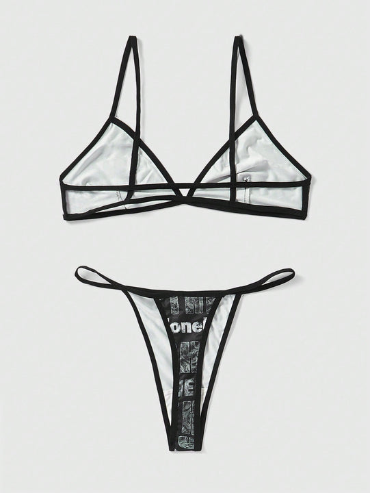 ROMWE Goth Conjunto De Sujetador Y Tanga De Mujer Con Impresion De Letras Y Calaveras