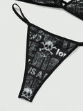 ROMWE Goth Conjunto De Sujetador Y Tanga De Mujer Con Impresion De Letras Y Calaveras