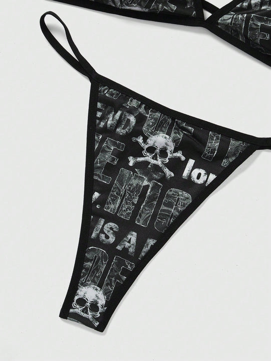 ROMWE Goth Conjunto De Sujetador Y Tanga De Mujer Con Impresion De Letras Y Calaveras