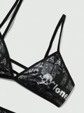 ROMWE Goth Conjunto De Sujetador Y Tanga De Mujer Con Impresion De Letras Y Calaveras