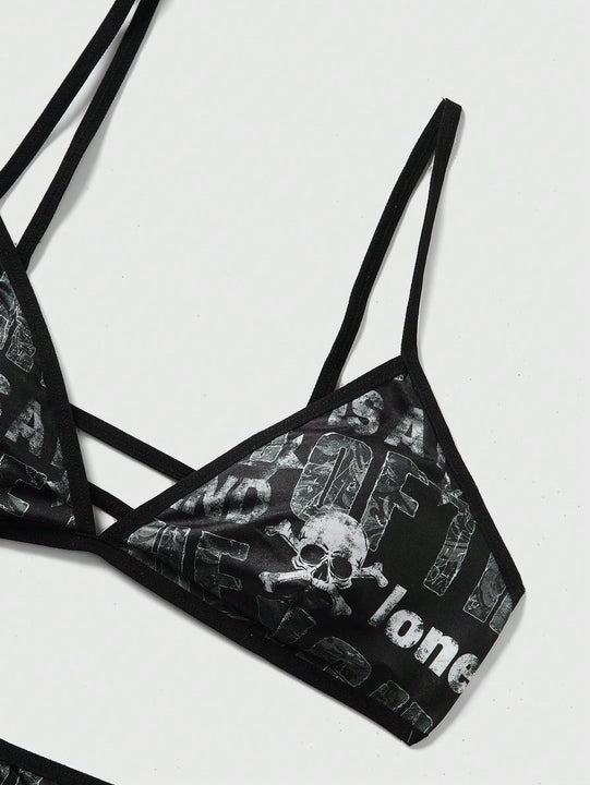 ROMWE Goth Conjunto De Sujetador Y Tanga De Mujer Con Impresion De Letras Y Calaveras