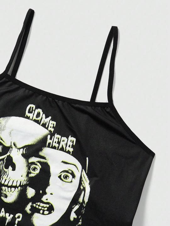 ROMWE Grunge Punk Camiseta De Tirantes Para Mujer Con Estampado De Letra Y Calavera