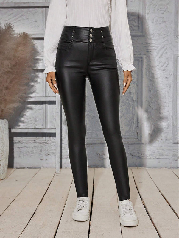Pantalones ajustados de talle alto y unicolor para mujer con cierre de botones