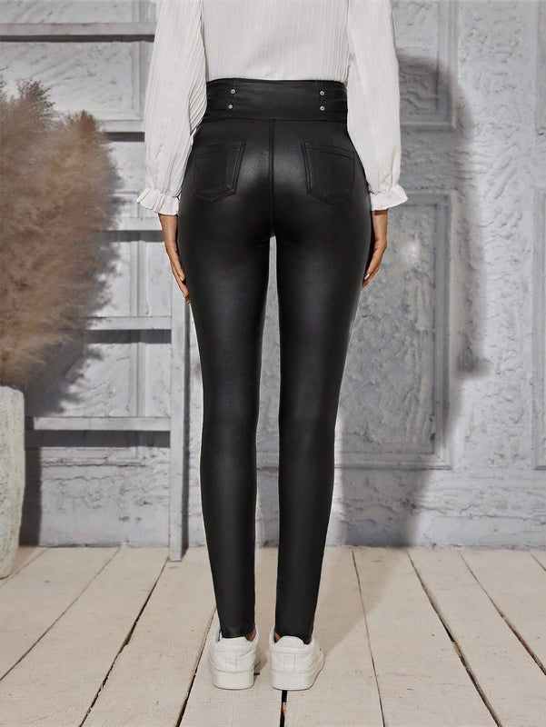 Pantalones ajustados de talle alto y unicolor para mujer con cierre de botones