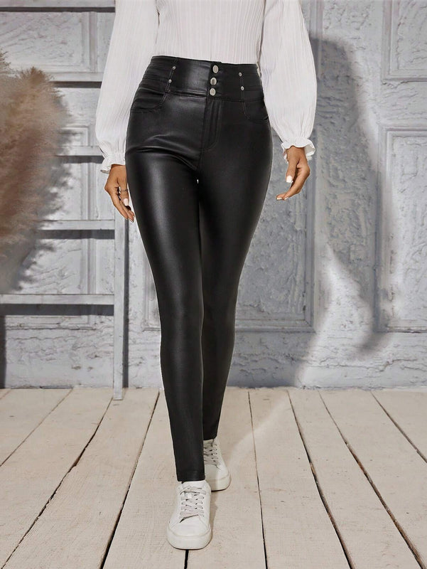 Pantalones ajustados de talle alto y unicolor para mujer con cierre de botones