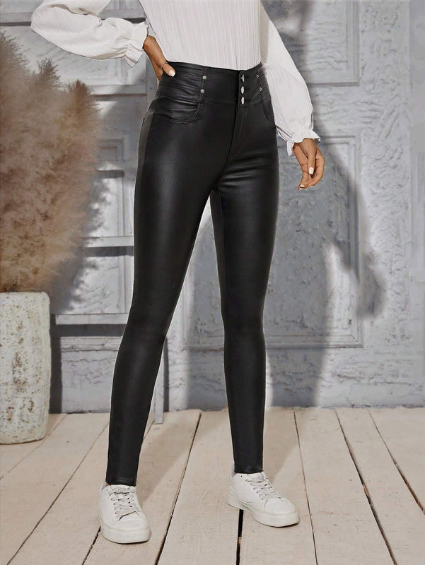 Pantalones ajustados de talle alto y unicolor para mujer con cierre de botones