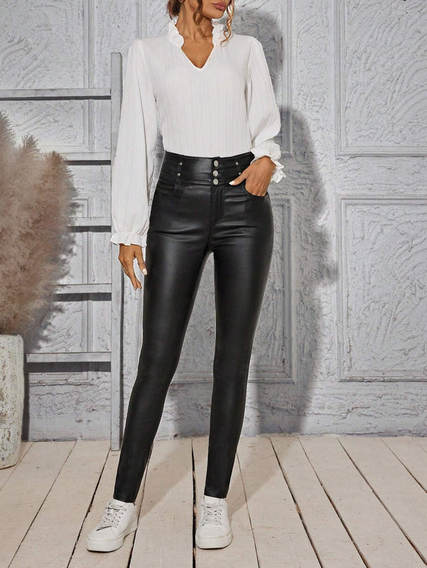Pantalones ajustados de talle alto y unicolor para mujer con cierre de botones