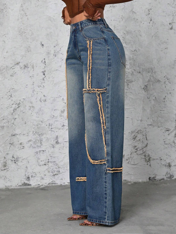 Jeans De Mezclilla De Borde Deshilachado Para Mujer