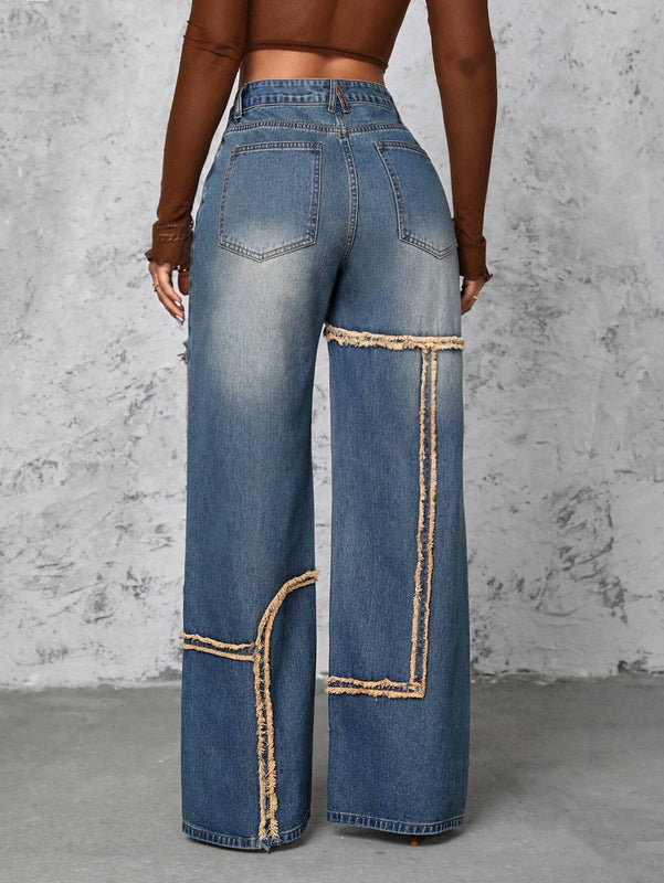 Jeans De Mezclilla De Borde Deshilachado Para Mujer