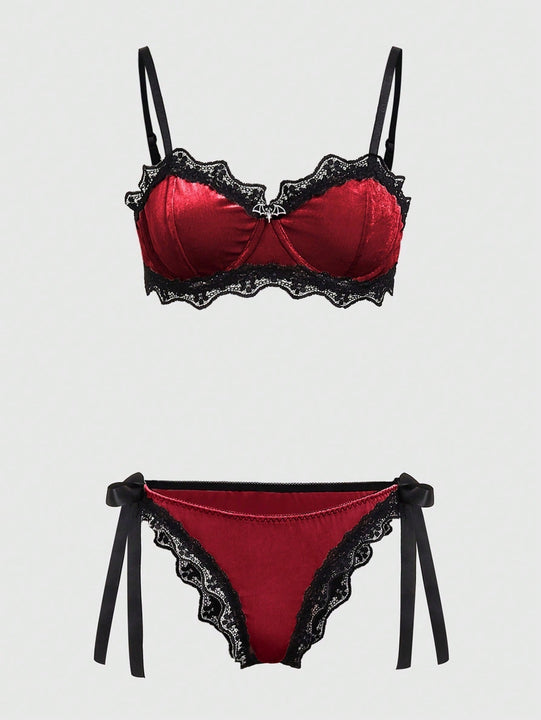ROMWE Goth Conjunto De Sujetador Con Cable Y Bragas De Encaje Y Terciopelo