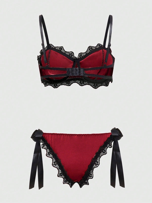 ROMWE Goth Conjunto De Sujetador Con Cable Y Bragas De Encaje Y Terciopelo