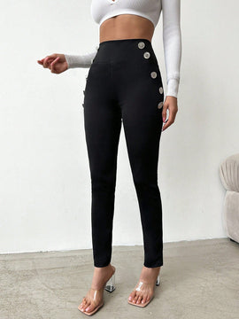 Pantalones ajustados de talle alto con diseno de boton