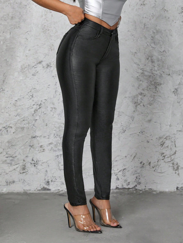 SXY Pantalones de mujer sencillos y casuales de un solo color con ajuste delgado