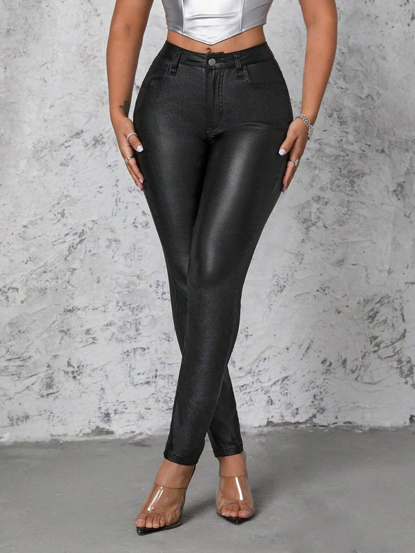 SXY Pantalones de mujer sencillos y casuales de un solo color con ajuste delgado
