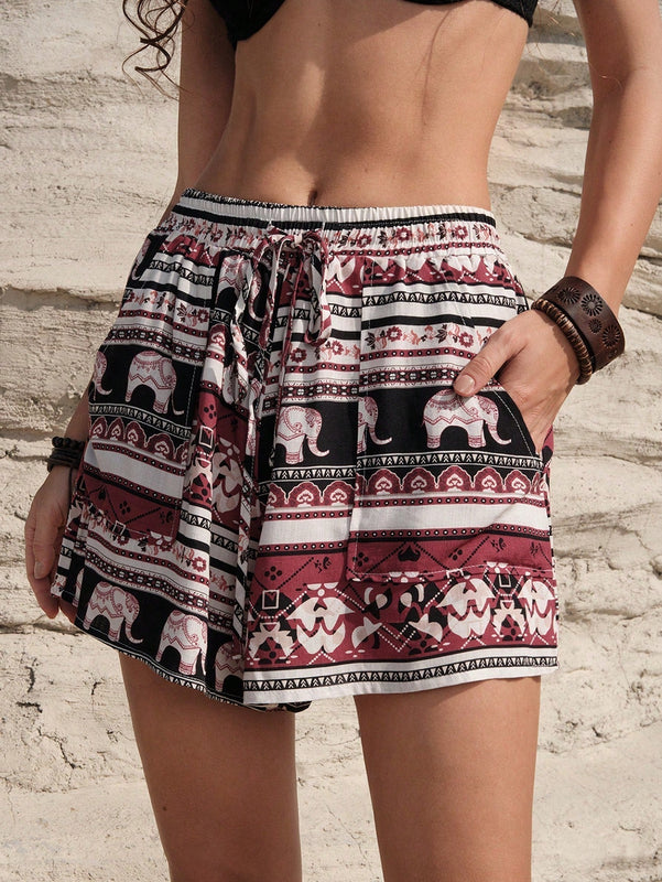 BohoFeels Shorts Estampados Estilo Vacacional Con Bolsillos Diagonales