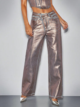 BAE Jeans De Pierna Ancha Para Mujer Con Cinturilla Asimetrica Metalica Dorada, Ropa De Mujer De Club Y Estilo Occidental