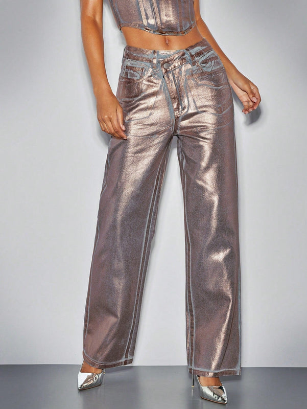 BAE Jeans De Pierna Ancha Para Mujer Con Cinturilla Asimetrica Metalica Dorada, Ropa De Mujer De Club Y Estilo Occidental