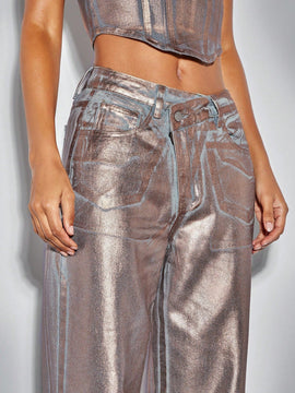 BAE Jeans De Pierna Ancha Para Mujer Con Cinturilla Asimetrica Metalica Dorada, Ropa De Mujer De Club Y Estilo Occidental