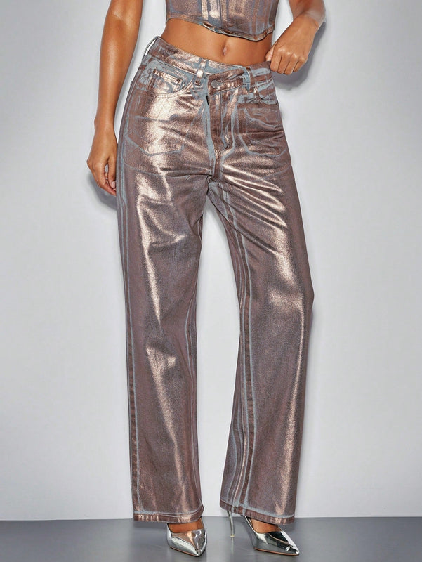 BAE Jeans De Pierna Ancha Para Mujer Con Cinturilla Asimetrica Metalica Dorada, Ropa De Mujer De Club Y Estilo Occidental