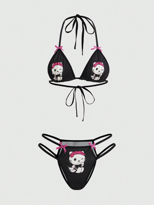 ROMWE Kawaii Conjunto De Bralette De Cuello Halter Con Estampado De Gato Animado Para Mujer