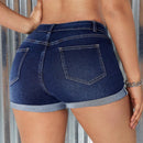 Shorts De Mezclilla Para Mujeres Con Dobladillo Enrollado Con Botones Frontales