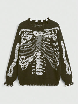 ROMWE Grunge Punk Sweater De Jacquard Oscuro Con Calaveras Para Mujer Con Efecto Rasgado Y Cierre Deslizante