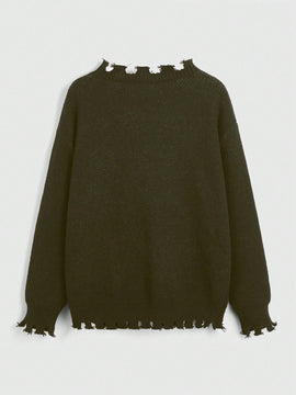 ROMWE Grunge Punk Sweater De Jacquard Oscuro Con Calaveras Para Mujer Con Efecto Rasgado Y Cierre Deslizante