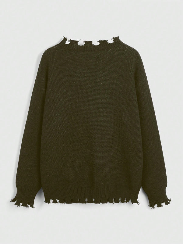 ROMWE Grunge Punk Sweater De Jacquard Oscuro Con Calaveras Para Mujer Con Efecto Rasgado Y Cierre Deslizante
