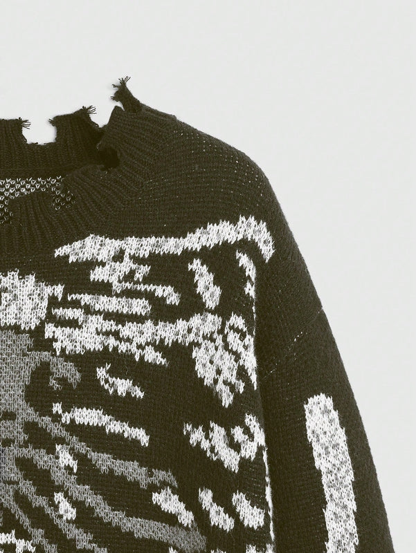 ROMWE Grunge Punk Sweater De Jacquard Oscuro Con Calaveras Para Mujer Con Efecto Rasgado Y Cierre Deslizante