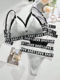 Conjunto Bralette Con Detalles De Correas Y Estampado De Letra Para Mujer, Estilo Del Dia De San Valentin