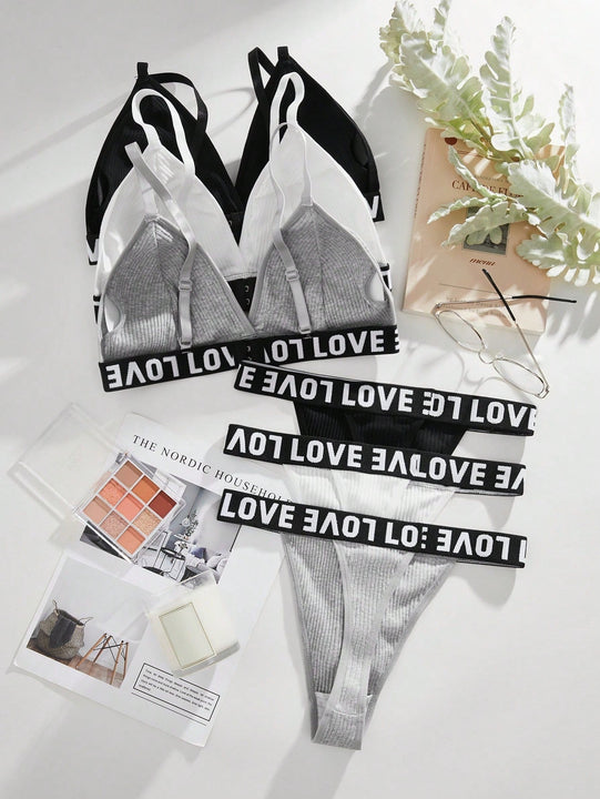 Conjunto Bralette Con Detalles De Correas Y Estampado De Letra Para Mujer, Estilo Del Dia De San Valentin
