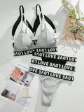 Conjunto Bralette Con Detalles De Correas Y Estampado De Letra Para Mujer, Estilo Del Dia De San Valentin