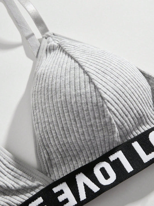 Conjunto Bralette Con Detalles De Correas Y Estampado De Letra Para Mujer, Estilo Del Dia De San Valentin
