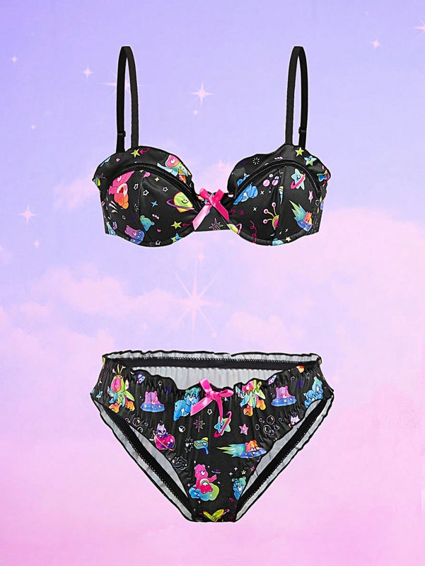ROMWE X Care Bears Conjunto De Sujetador Con Aro Y Bragas Decoradas Con Estampados De Dibujos Animados Y Lazos