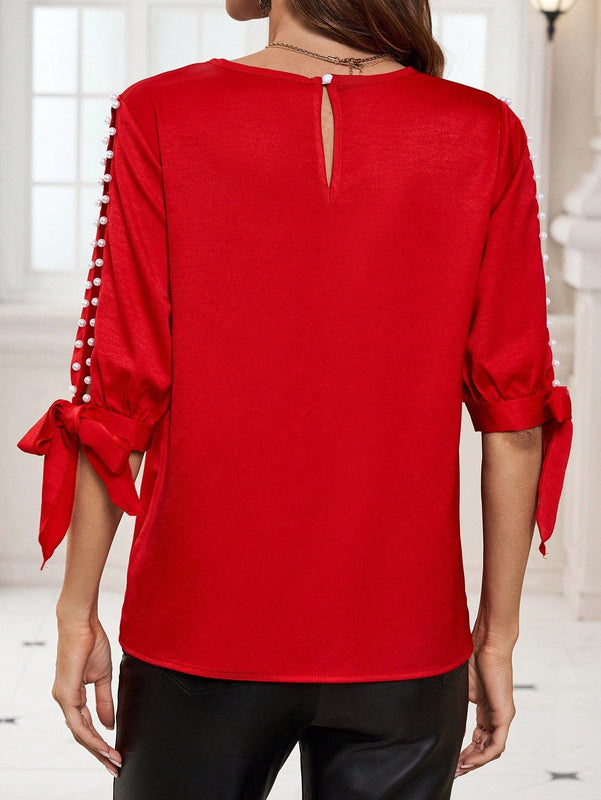 Clasi Camisa De Mangas Atadas Y Huecas Decorado Con Perlas Y Cuentas