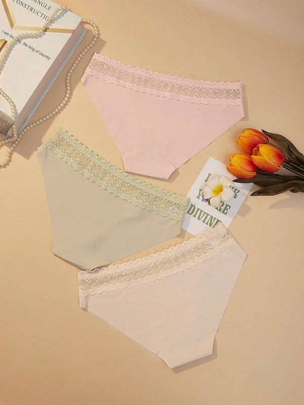 Tangas Acanaladas Para Mujer En Forma De Triangulo (3 Piezas / Set)