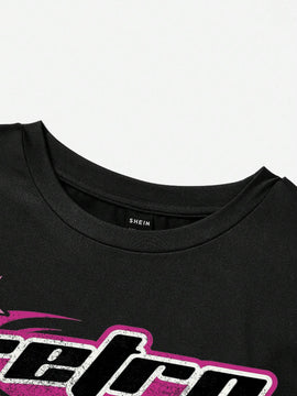EZwear Camiseta crop con estampado de motocicleta y letra