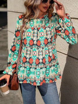LUNE Camisa De Manga Abullonada Con Estampado Floral Completo Y Detalle De Dobladillo Con Volantes