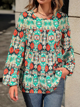 LUNE Camisa De Manga Abullonada Con Estampado Floral Completo Y Detalle De Dobladillo Con Volantes