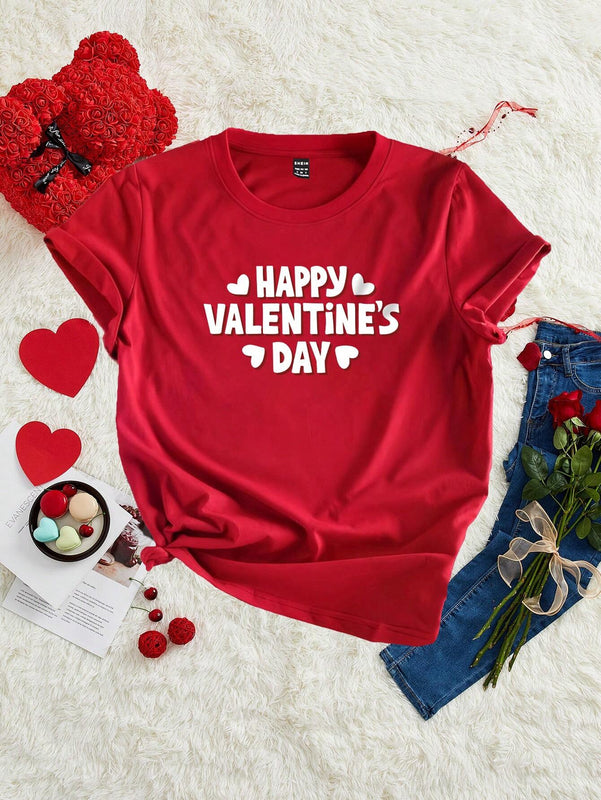 Camiseta holgada de manga corta con cuello redondo para mujer con estampado de eslogan de corazon para el Dia de San Valentin, adecuada para el verano