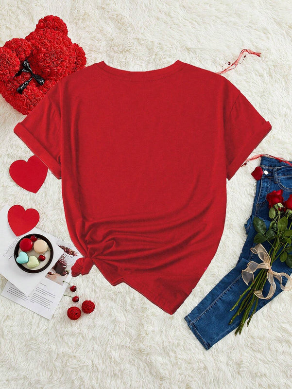 Camiseta holgada de manga corta con cuello redondo para mujer con estampado de eslogan de corazon para el Dia de San Valentin, adecuada para el verano