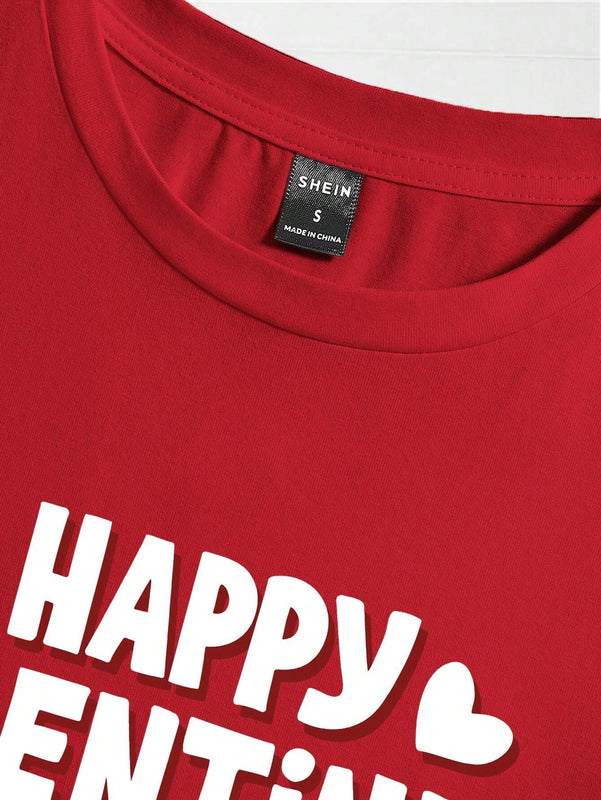 Camiseta holgada de manga corta con cuello redondo para mujer con estampado de eslogan de corazon para el Dia de San Valentin, adecuada para el verano