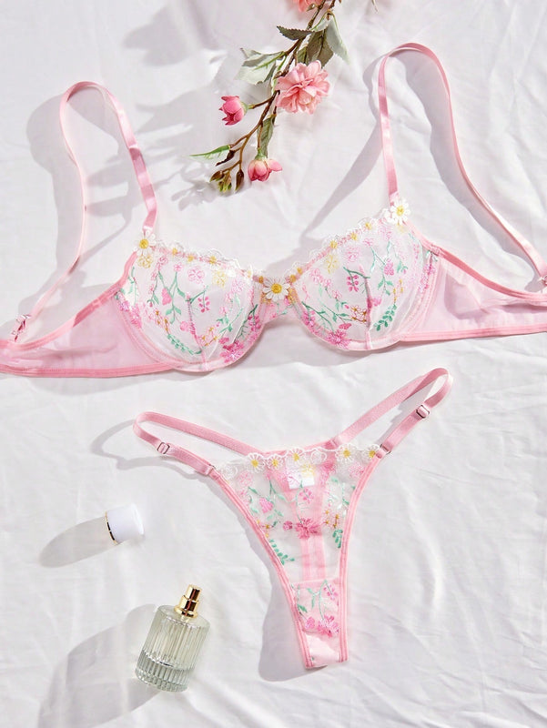 Conjunto De Lenceria De Malla Bordada Con Flores Para Mujer - Temporada De Bodas