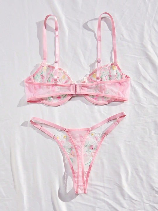 Conjunto De Lenceria De Malla Bordada Con Flores Para Mujer - Temporada De Bodas