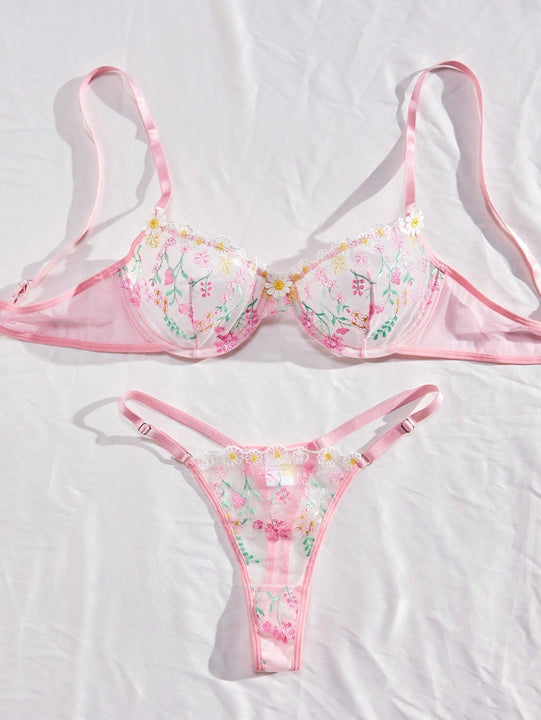 Conjunto De Lenceria De Malla Bordada Con Flores Para Mujer - Temporada De Bodas