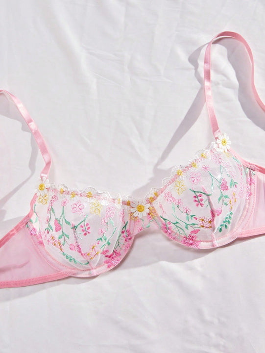 Conjunto De Lenceria De Malla Bordada Con Flores Para Mujer - Temporada De Bodas