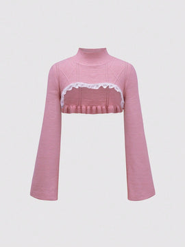 MOD Sueter Ultra Corto Con Cuello Alto Y Dobladillo De Encaje Para Mujer