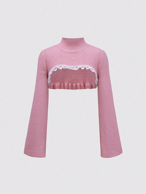 MOD Sueter Ultra Corto Con Cuello Alto Y Dobladillo De Encaje Para Mujer