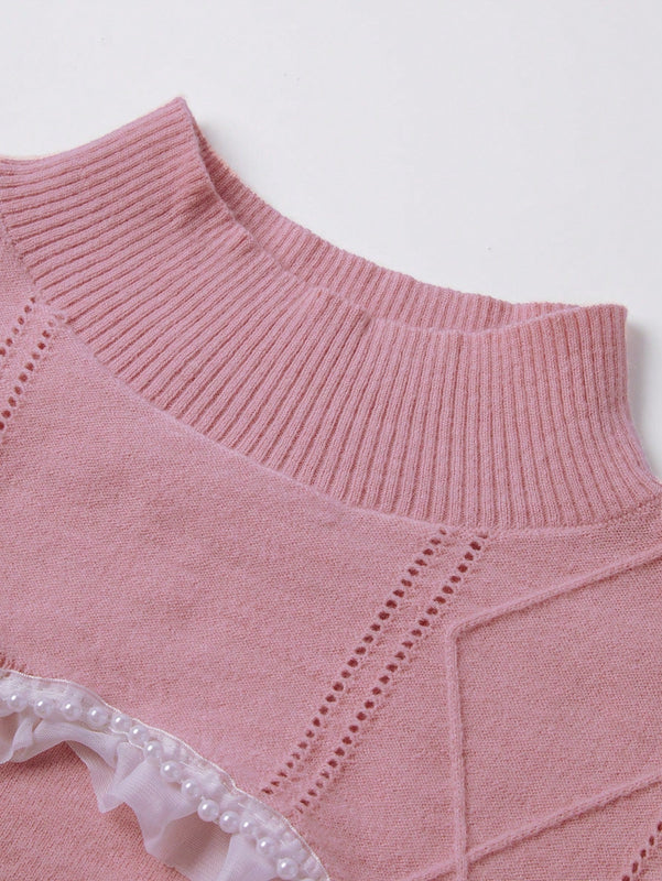 MOD Sueter Ultra Corto Con Cuello Alto Y Dobladillo De Encaje Para Mujer